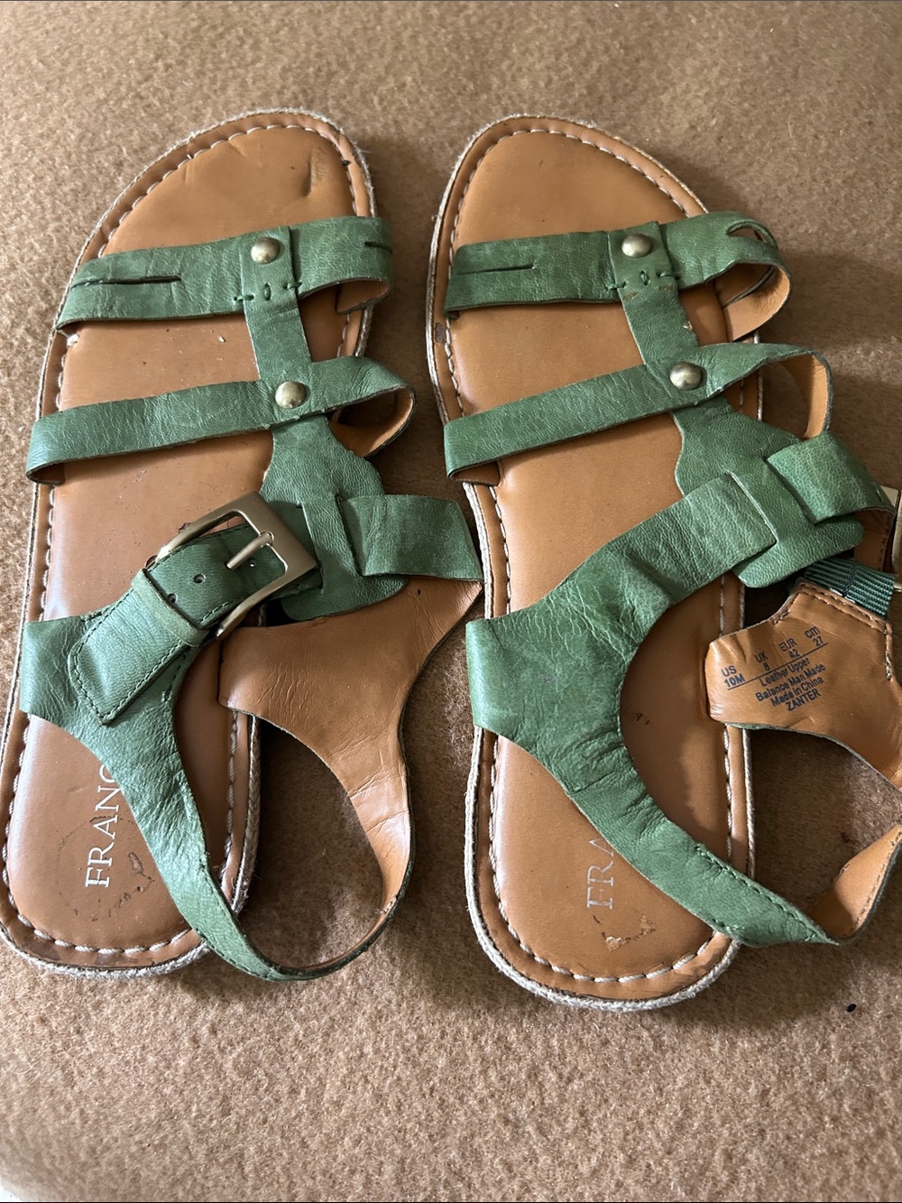 Franco Sarto Green Leather Multi-Strap Sandals with Buckle